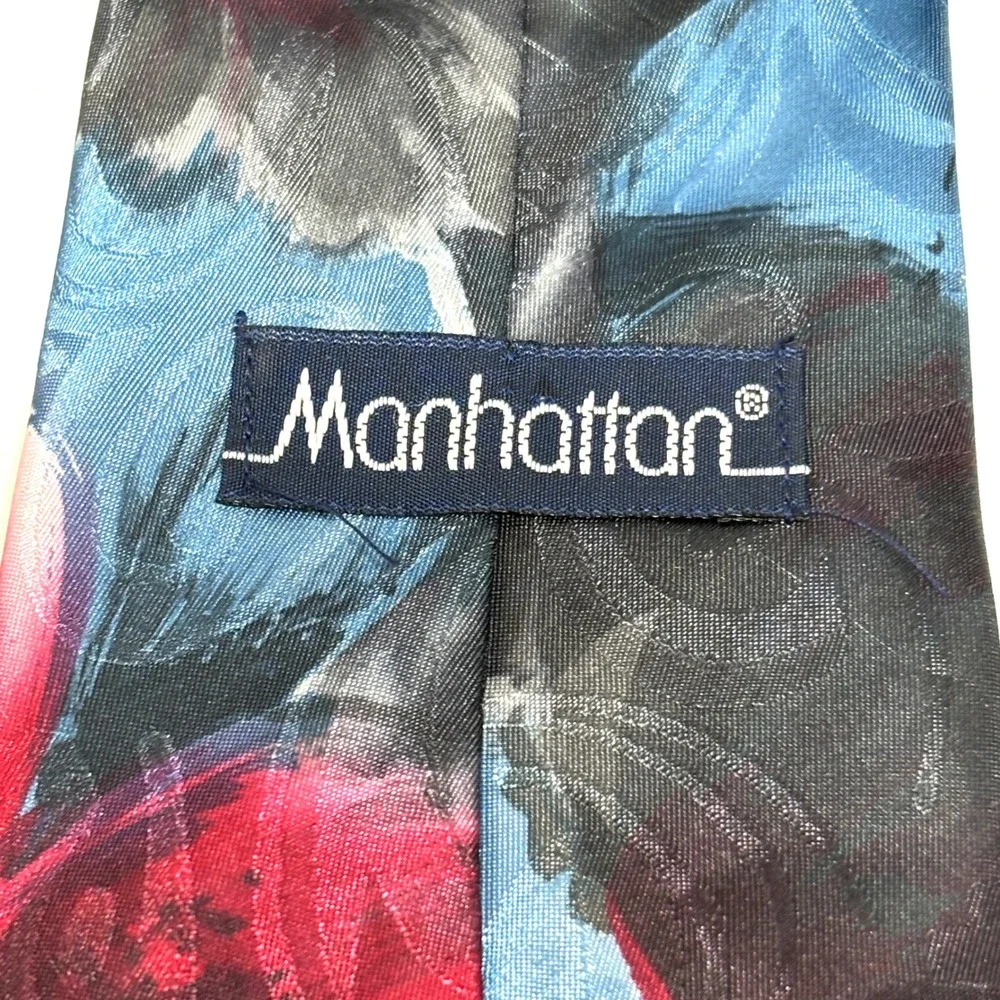 Manhattan‎ Necktie Mens OS Blue Pink Floral Made in USA Wide Silk Artsy Look